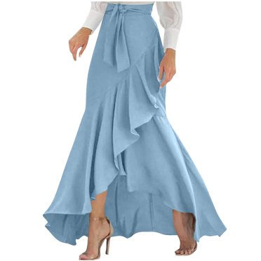 Bocqde Jupes Maxi Fluides pour Femmes Mode Uni Décontracté Ourlet Volanté Irrégulier Jupe Portefeuille Femmes Nœud à Nouer Taille Haute Longues Jupes