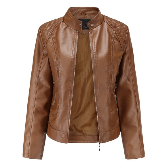 Bmisegm Winter Warm Women Short Coat Leather Jacket Zipper Tops Overcoat Outwear Jackets for Women Brown XL