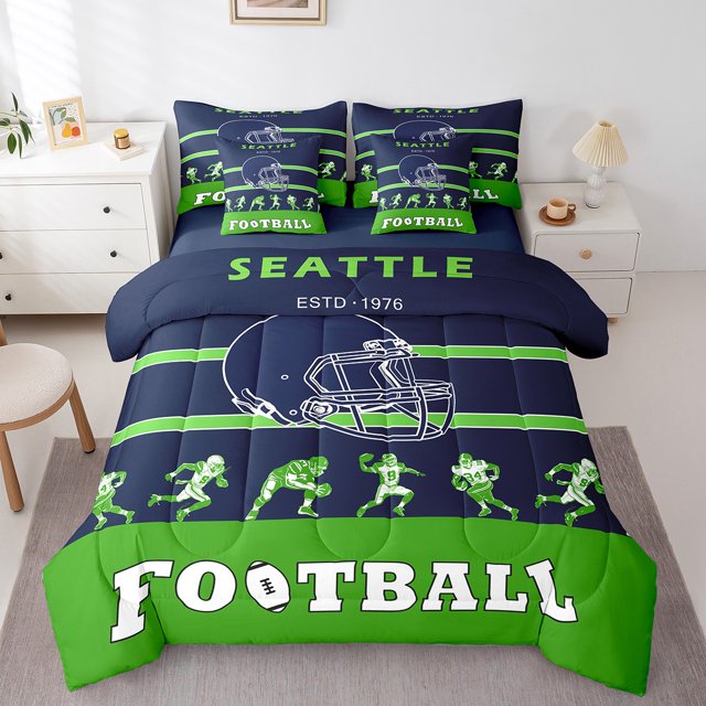 YST Ensemble de Douillette Simple 7 Pcs, Lit dans un Sac Simple Réversible, Ensemble de Literie Simple Ultra Doux avec Douillette de Football pour Garçons, Drap Plat, Drap-Housse, Taies d'Oreiller, Couvre-Oreillers (Seattle)
