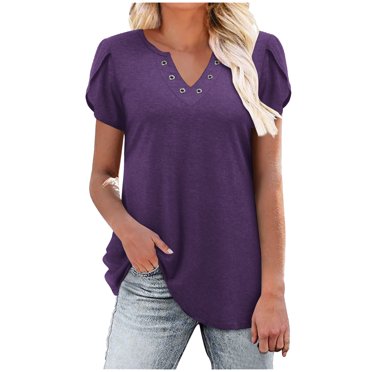 FAIWAD Tunique à Manches Courtes Pétale pour Femmes Hauts Amples Tendance Col en V T-Shirts d'Été Décontractés