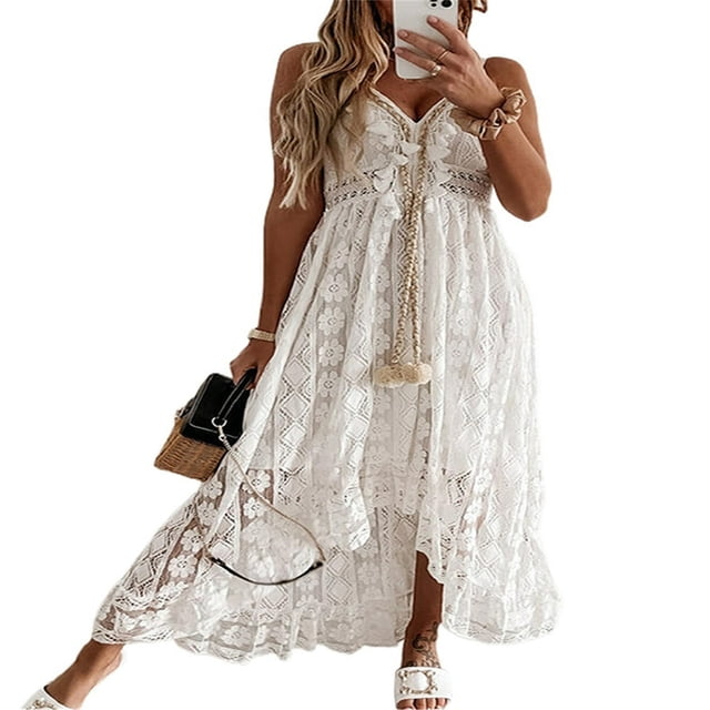 Femmes Dentelle Ourlet Robe Profonde V-Cou Sans Manches Jupe d'Été Dentelle Florale Robe de Soleil Blanc XXL