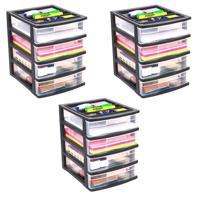 Gracious Living 4 Drawer Desktop Storage w/ Organizer Lid, Black (3 Pack)