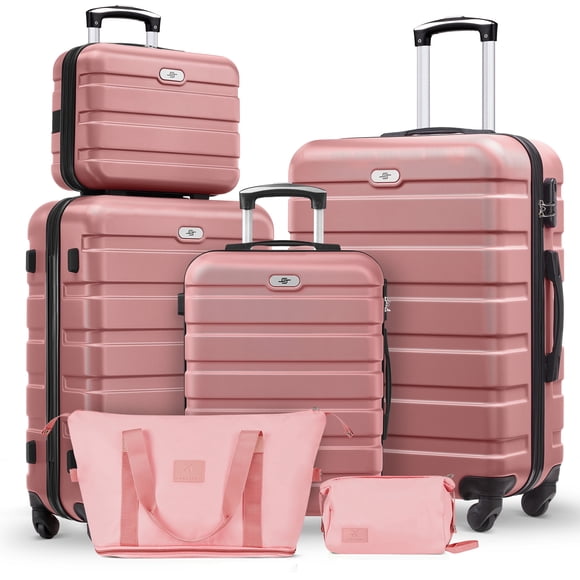 Gowill Ensemble de Bagages 6 Pcs, Valise Rigide Légère en ABS de 13/20/24/28 Pouces avec Sac de Voyage Extensible (Or Rose)