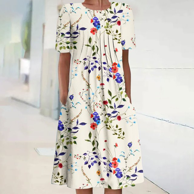 Pisexur Robe à Manches Courtes à Col Rond pour Femme Été Décontractée Col Rond Manches Courtes Plissée Imprimée Robes Femme Robe