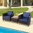 thumbnail image 3 of Patiojoy 3Pieces Outdoor Rattan Furniture Set Wicker Bistro Set Wooden Table Top with Cushions, 3 of 8