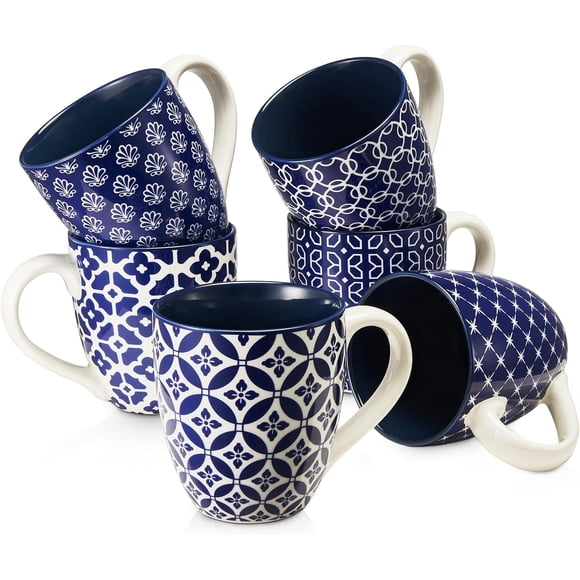 missunny- Coffee Mugs Set of 6, 16 oz Large Porcelain Coffee Cups with Handle for Coffee Tea and Cocoa, Ceramic Coffee Mug for Women Men, Housewarming Wedding Gift, Vintage Blue