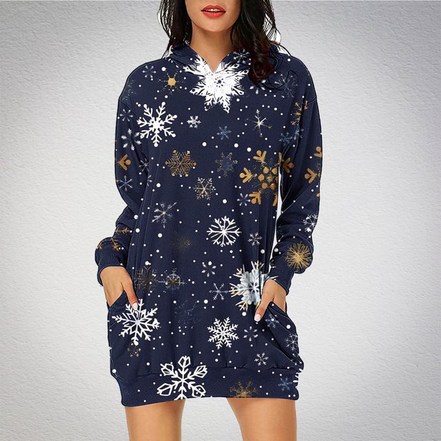 TIMIFIS Robe Chandail à Capuche pour Femmes Imprimé de Noël Manches Longues Ample avec Poches