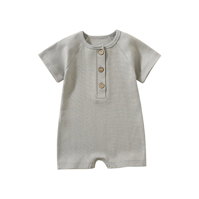 zyoiszvq Baby Short Sleeve Onesies - Button Collar Solid Color Short Rompers in gray, designed for infants aged 0-24 months. This baby bodysuit features a buttoned front placket, short sleeves, and a solid color design. Ideal for baby girl clothing and casual wear.