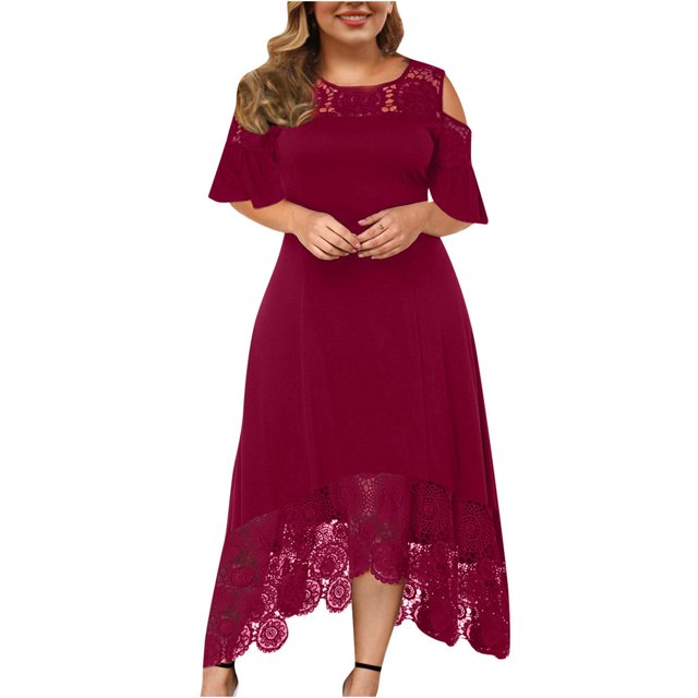 CHUANK Summer Plus Size Maxi Dresses For Wedding Guest Lace Stitching Dress Cold Shoulder Long Dresses Short Sleeve