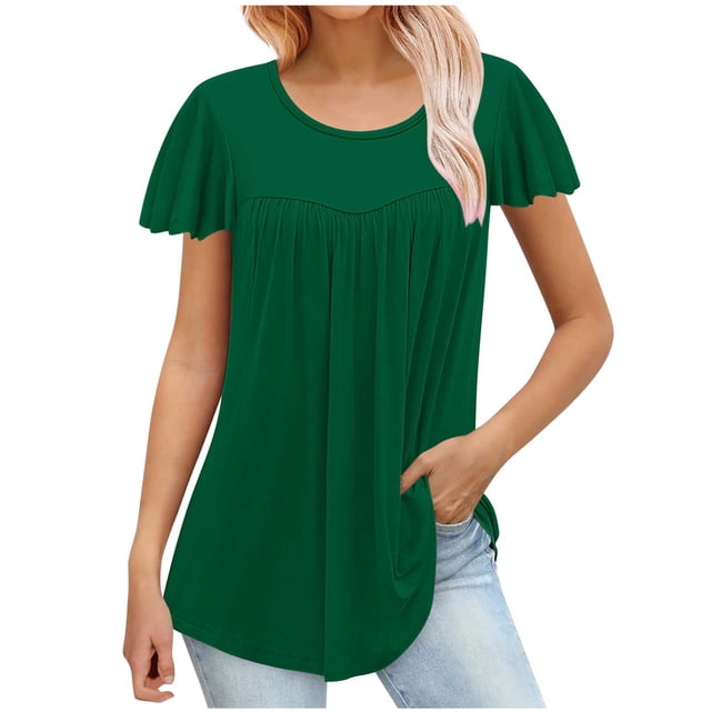 FAIWAD Tunique d'Été pour Femme à Manches Courtes, Col Rond, T-Shirt Décontracté Plissé, Ample et Fluide
