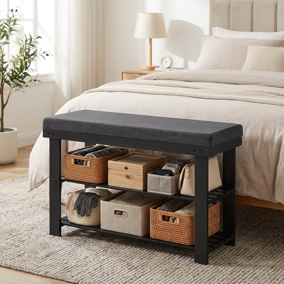 LEDREM Banc à Chaussures avec Coussin, Organisateur d'Étagère à Chaussures d'Entrée Robuste à 3 Niveaux, Noir et Gris
