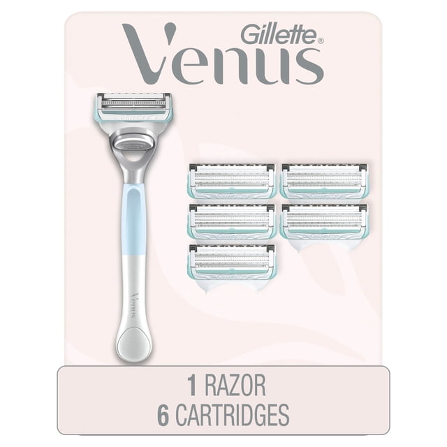 Gillette Venus for Pubic Hair and Skin women's razor with ergonomic white and light blue handle and six blade refills featuring a precision trimmer, designed to minimize shave irritation, displayed on a pale pink background with Venus branding and text indicating 1 razor and 6 cartridges.