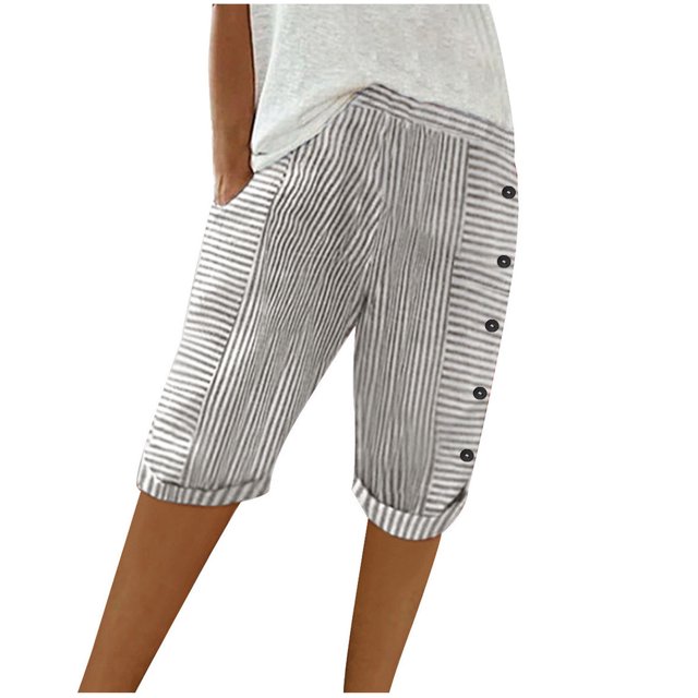 Birdeem Capris Décontractés pour Femmes d'Été Tissés à Rayures Patchwork à Boutons Amples en Coton et Lin