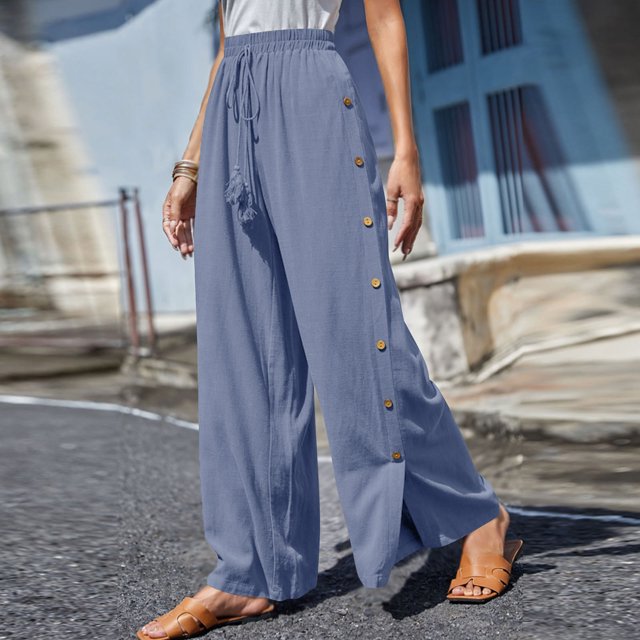 Jsaierl Side Split Palazzo Pants for Women Elastic Waisted Drawstring Lounge Linen Pants Solis Color Flowy Beach Vacation Trousers