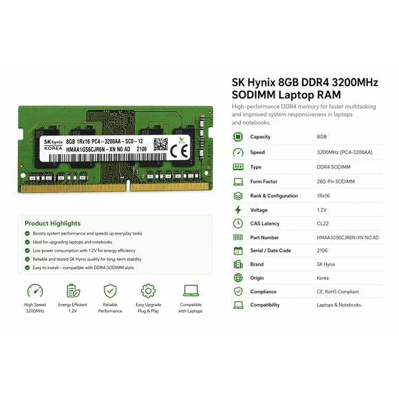SK Hynix 8GB DDR4 3200MHz SODIMM Laptop RAM (PC4-3200AA) – 260-Pin(Renewed)