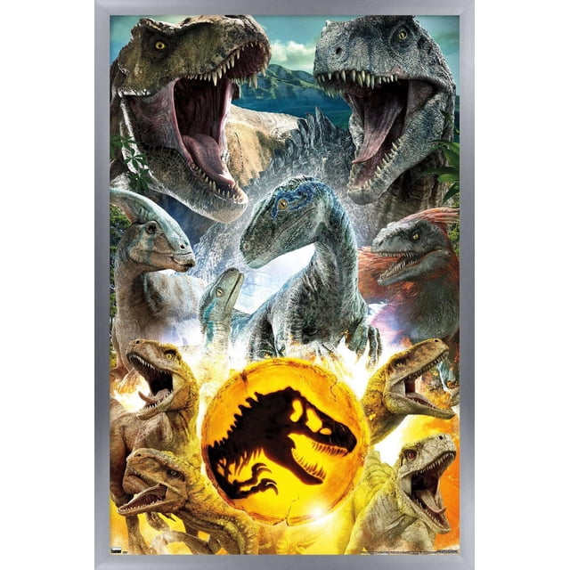 Jurassic World: Dominion - Group Wall Poster featuring a front-facing collage of dinosaurs including two large roaring Tyrannosaurus rex at the top, multiple Velociraptors in varied poses, and other dinosaur species surrounding a glowing orange circular emblem with a black T. rex skeleton silhouette, set against a mountainous background with blue sky, printed on glossy poster paper suitable for home décor and party decoration.