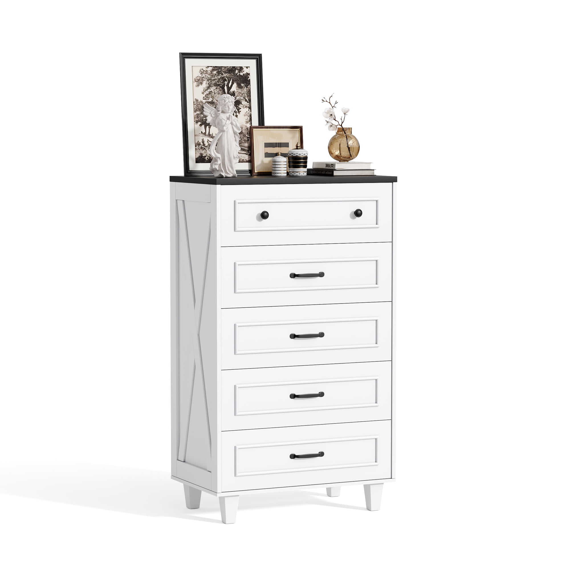 MARNUR Farmhouse Dresser for Bedroom, Wood Dresser with 5 Drawer, Chest of Drawers with Antique Handles for Bedroom, Living Room and Hallway, White&Black