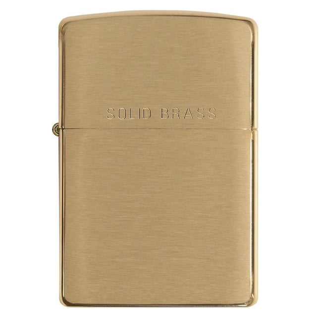 Zippo Brushed Brass (204) lighter with a brushed solid brass rectangular body engraved with SOLID BRASS on the lid, a refillable windproof fire starter suitable for camping and outdoor activities.