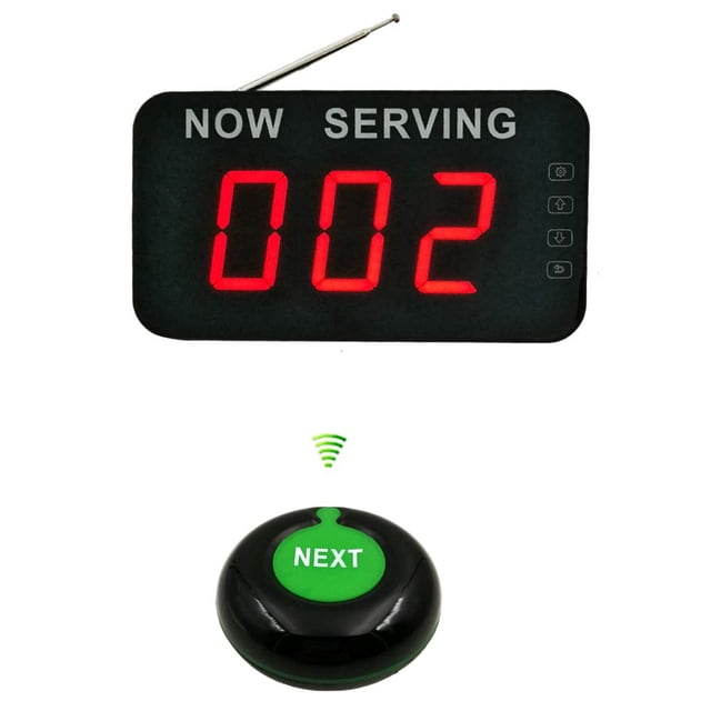 Wireless Take A Number System Simple Queue Management System by Ycall, featuring a black LED display with 'Now Serving' text and a three-digit number, paired with a green 'Next' call button. Ideal for queue management in restaurants, clinics, and supermarkets, this wireless paging system ensures organized and efficient customer service.