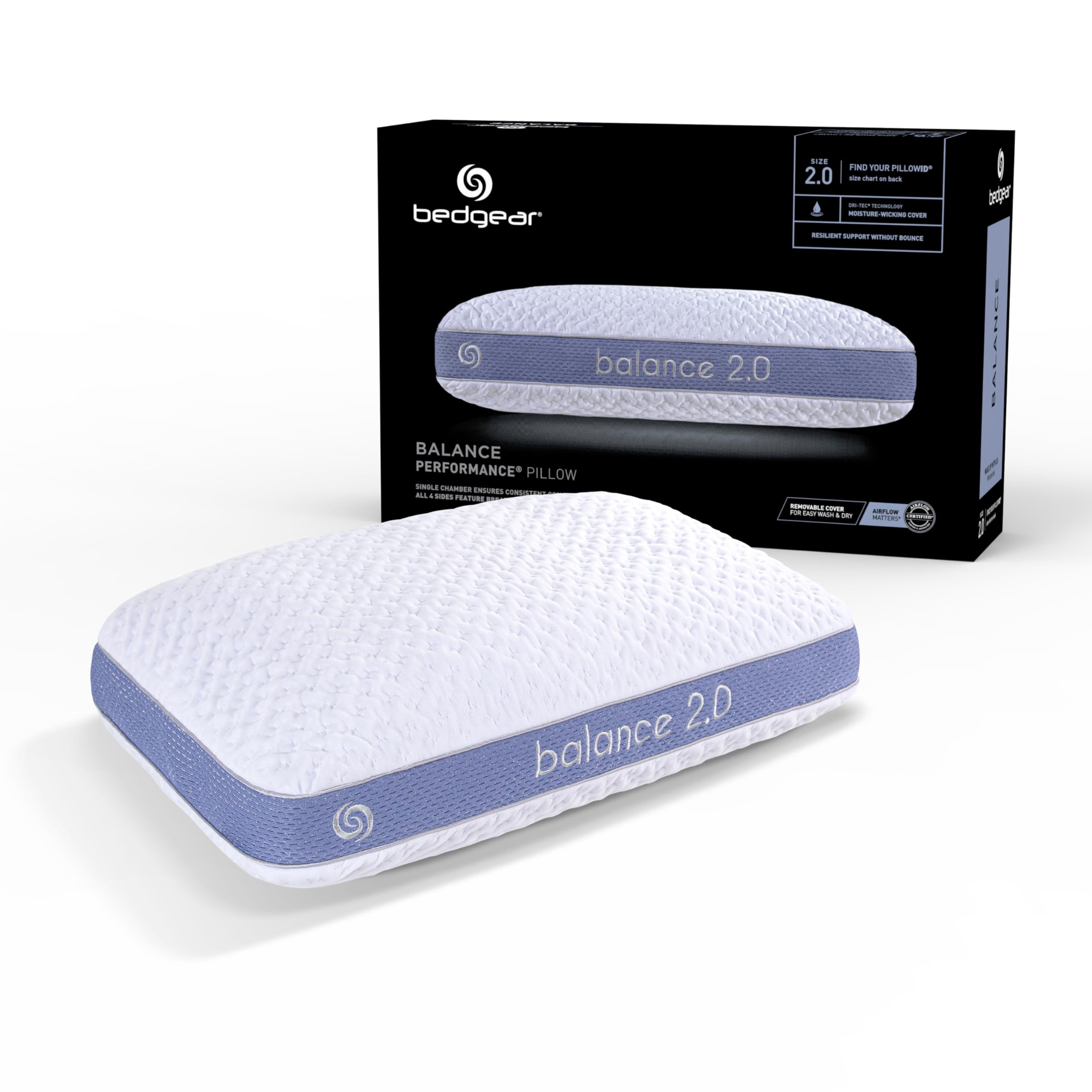 Bedgear Balance Performance Pillow - 2.0 - Moisture Wicking Bed Pillow for All Sleep Positions - Medium Firmness Bed Pillow - Washable Removable Cover - 20"" W x 26"" L x 5.75"" H