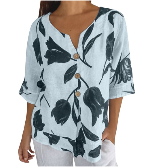 lcziwo Cotton Linen Tops for Women, Ladies Linen Shirts Hawaiian Style V Neck Short Sleeve Tops Trendy Dressy Blouses Casual Loose Comfy Tunic Tops Blue,XXXXXL