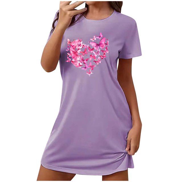 MAOWAPLG Chemises de Nuit pour Femmes Chemise de Nuit Courte Surdimensionnée pour Femmes Mode Imprimé sur la Poitrine Robe de Nuit à Manches Courtes