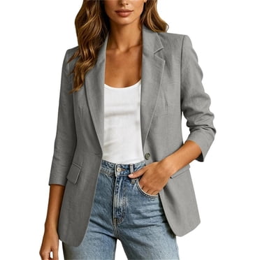 ShomPort Women's Blazer Cotton Linen 3/4 Sleeve Button down Lapel Suit Jacket with Pockets Commuting Business Casual Blazer