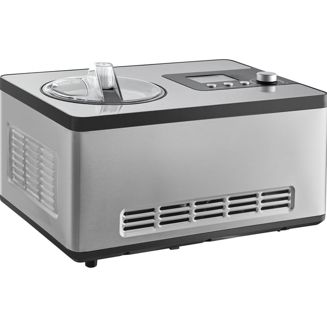 KFFKFF Ice Cream Machine with Integrated Compressor in silver, featuring a 2-quart capacity and stainless steel exterior. This electric frozen dessert maker includes three settings for gelato, ice cream, and cooling, with an LCD display for real-time monitoring. The machine operates with a 180W compressor, eliminating the need for pre-freezing, and produces up to 15 scoops of ice cream. The detachable components ensure easy cleaning, and the package includes a recipe book, spoon, measuring cup, and mixing rod.