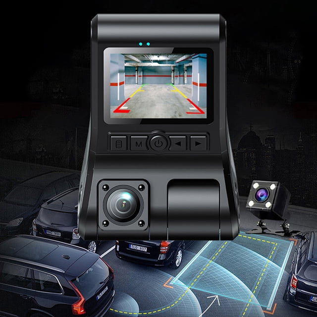 LSLJS Dash Cam with FHD 1080P resolution, featuring dual cameras for front and inside recording. The main unit has a 2.0-inch LCD screen displaying a parking view, with buttons for easy control. The compact black alloy design includes a 150° front camera and a 90° inside camera. The image also shows its parking monitoring feature with visual overlays for reverse assistance. Suitable for loop recording, motion detection, and 24-hour parking monitoring.