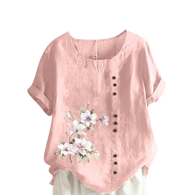 Cameland Hauts pour Femmes Col Rond Manches Courtes Imprimé Floral Chemise Ample