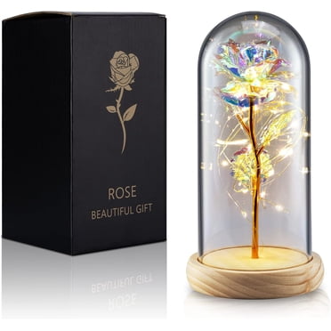 Qoosea Forever Rose in Glass Dome with LED Light Artificial Flowers Romantic Floral Gifts Christmas Mother's Day Valentine's Day Wedding Home Decor