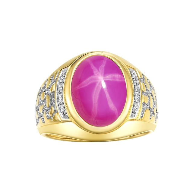 RYLOS Men's Rings 14K Yellow Gold Nugget Ring with Cabochon Gemstone & Diamonds Star Ruby Rings For Men Size 10