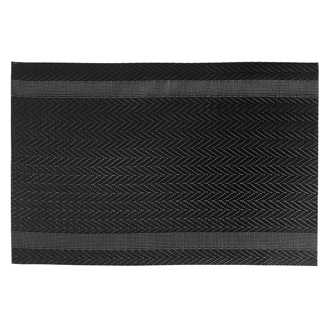 Napperon en Vinyle (Mackenzie) (Noir) - Ensemble de 12 Napperons Rectangulaires en Vinyle Noir avec Fini Mat, Présentant un Motif Mackenzie en zigzag et Deux Bandes Texturées Horizontales Près des Bords, Convenant à la protection de la table à Manger et au Nettoyage Facile des Taches.