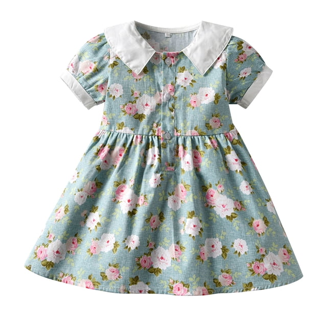 Penkiiy Robe d'Été Rétro à Imprimé pour Tout-Petits Enfants Bébés Filles à Manches Bouffantes Robe de Princesse Robes Décontractées pour Filles 2 Ans Vert en Liquidation