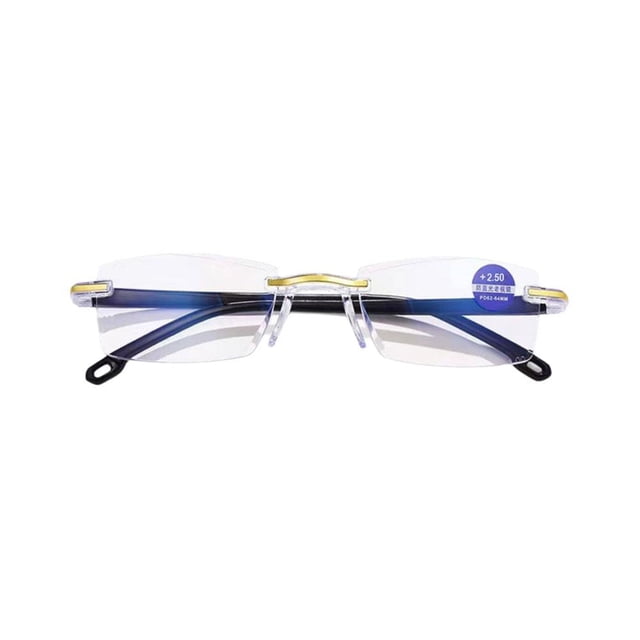 ZOUBAOQ Men Anti Blue Light Blocking Rimless Reading Glasses with hinge spring design, shown in a front-facing view. The glasses feature a rimless frame with gold accents and ergonomic nose pads for comfort. Designed to block blue light and provide clear vision, these lightweight glasses are suitable for various reading needs, with precision degree calibration for accurate vision correction. The image highlights the +2.50 magnification label on the lens.