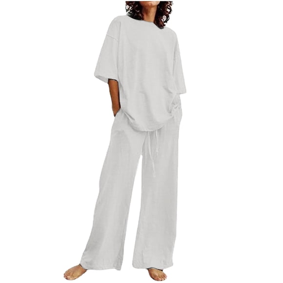 Casual Sets for Women 2 Piece Business Casual Outfits for Women Clothing Set Female Round Neck Short Sleeve Tops Pants Sets Casual Pant Style S_712 Women's Tracksuits White L