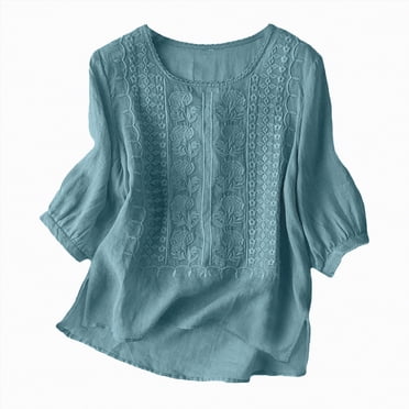 WUANDIXFA Hauts d'Entraînement pour Femmes Chemises en Lin pour Femmes Rétro Broderie Été Ample Manches 3/4 T-Shirts Tuniques Hauts Blouses Décontractées Vêtements Boho Bleu Ciel,G
