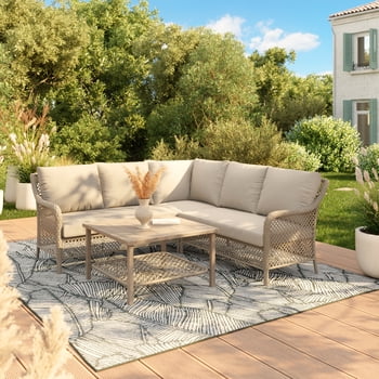HOMETRENDS Belmont 4-Piece Steel Outdoor Sectional Set with Table and Cushions, Oatmeal