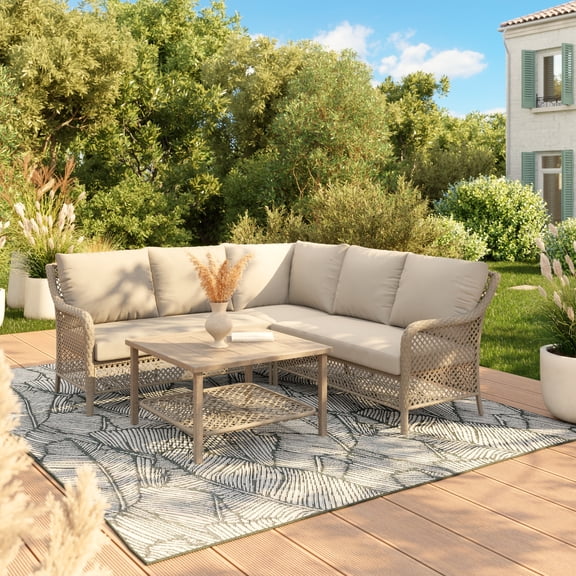 HOMETRENDS Belmont 4-Piece Steel Outdoor Sectional Set with Table and Cushions, Oatmeal