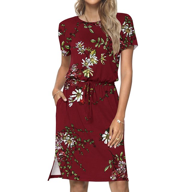 Robe d'Été pour Femmes 2024 Mode Grande Taille Décontractée Col Rond Bretelles Manches Courtes Imprimé Floral Robe Ample avec Poche Rabais de 50 % Liquidation!