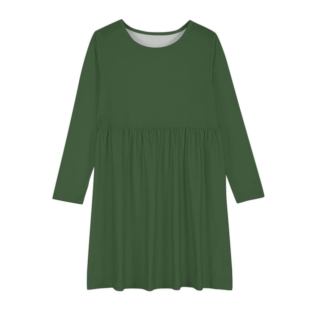 Bwiyojiz Tailles Mode 120-170 Robe à Manches Longues à Col Rond Filles Ligne Extensible Tournoyante Patineuse École Récital, 11 Ans, Cadeaux pour la Famille, Vert Foncé