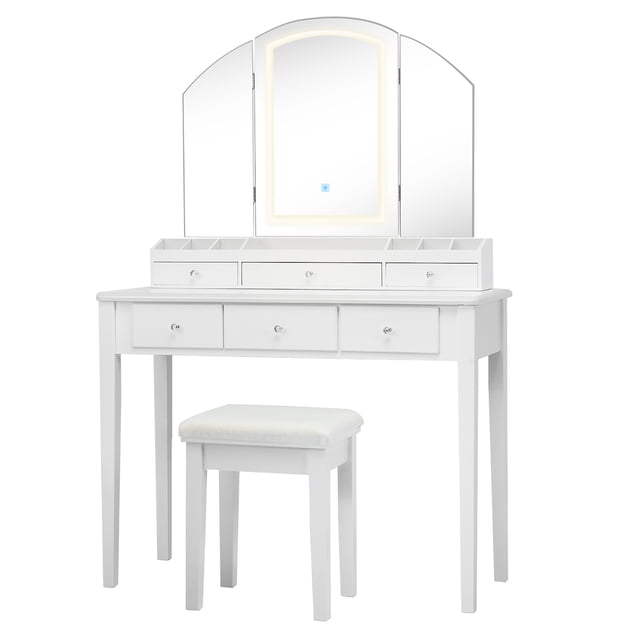 Costway Ensemble Coiffeuse et Tabouret Grand Miroir Éclairé à Trois Volets Commode à 6 Tiroirs Blanc