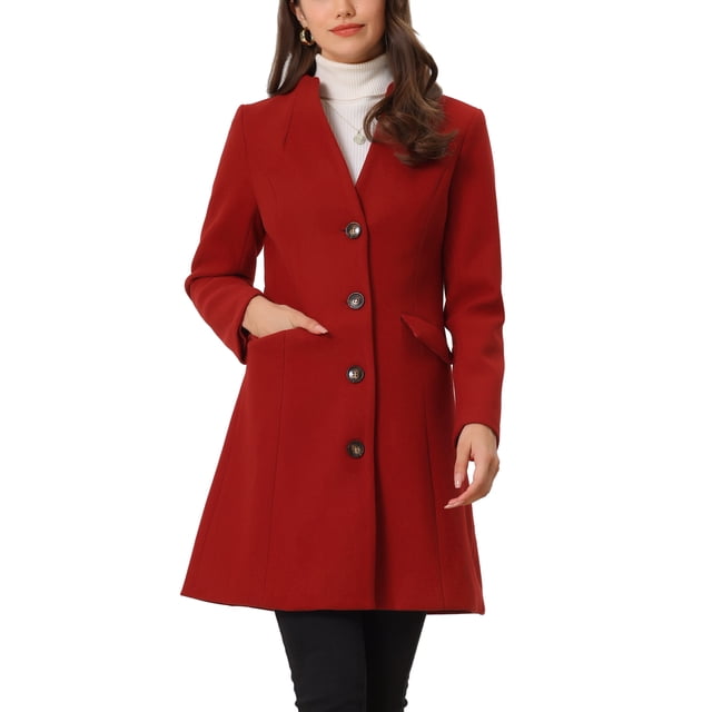 INSPIRE CHIC Manteau Long Élégant d'Hiver pour Femme à Col en V, Manches Longues, à Simple Boutonnage, TP Rouge Foncé