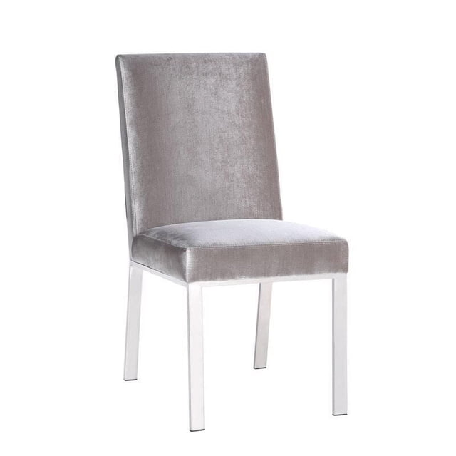 Chaise de Salle à Manger Alice avec Siège et Dossier Rembourrés en Velours Gris, Cadre en Acier Inoxydable Poli et Pattes Épurées, Présentant un design Minimaliste Contemporain Idéal pour la Cuisine et les Sièges de Salle à Manger, Convient Aussi comme Siège Occasionnel dans les Espaces de Vie.