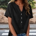 thumbnail image 2 of Floleo T-Shirt à Manches Courtes pour Femmes, Style Lin, Col en V, Boutons devant, Demi-Ouverture, Haut Vintage Classique, Respirant, Confortable, Extensible, Tissu Fin, Printemps Été Automne, Tenue Quotidienne (Noir#2, 2TG), 2 of 8