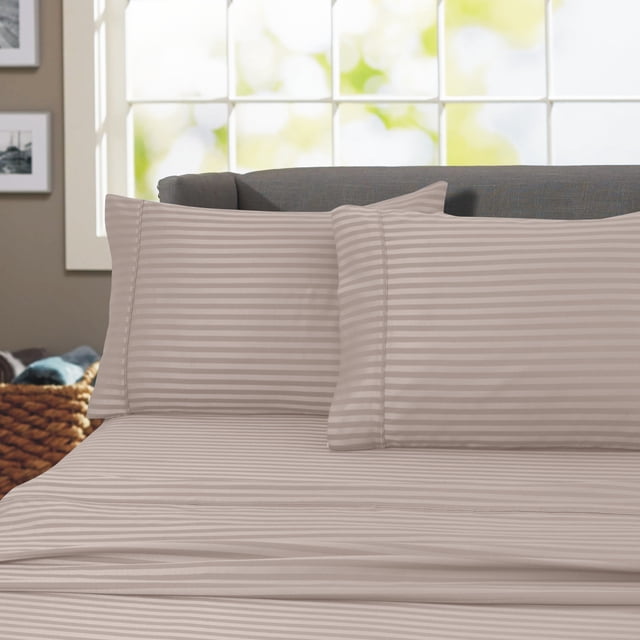 Ensemble de Draps à Rayures 600 Fils 100 % Coton Infroissable (Simple TG, Taupe)