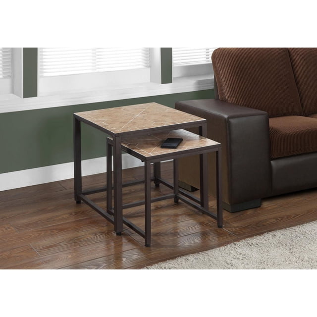 Monarch Specialties Nesting Table set of 2 with brown tile mosaic tops and dark brown metal frames, nested beside a brown sofa on wood flooring in a living room with green walls and white blinds. These space-saving accent tables are ideal for small spaces and suitable for holding drinks, snacks, or decorative items.