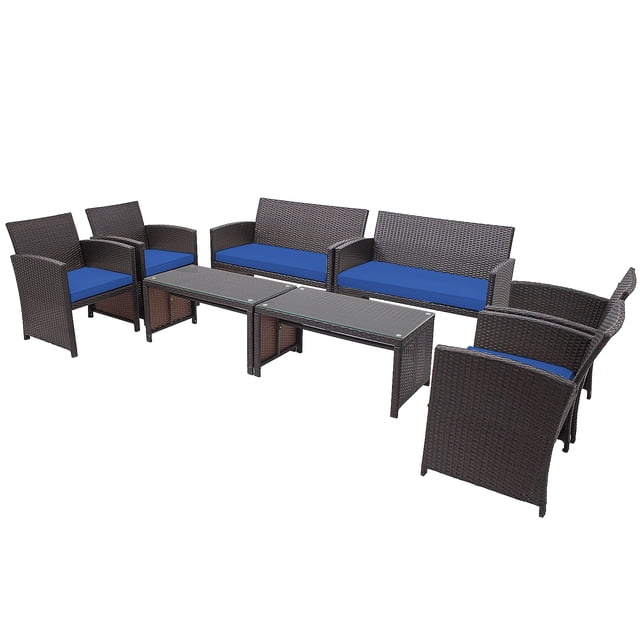 Patiojoy Ensemble de Meubles de Patio Extérieur 8 Pcs Canapés en Rotin Résistants aux Intempéries avec Coussin Doux Bleu Marine