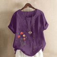 thumbnail image 2 of QATAINLAV T-Shirts pour Femmes d'Été en Coton et Lin à Boutons à Col Rond Chemise Mode Bohème à Imprimé Floral Hauts de Plage Décontractés Grande Taille Blouses à Manches Courtes Ventes du Jour d'Aujourd'hui Violet TG, 2 of 5