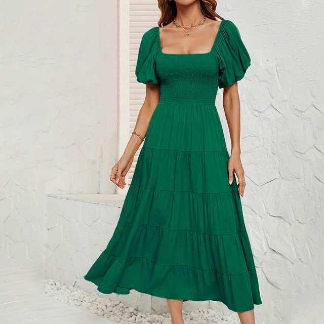 Jusqu'à 65 % de Rabais! Robes d'Été Mode pour Femmes 2024 Grande Taille Unies Taille Haute Manches Bouffantes Robe à Taille Enveloppée